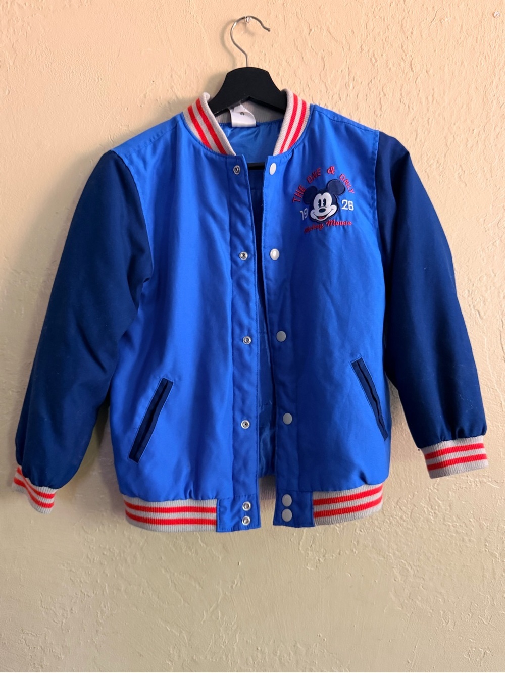 Disney Blue and Navy Mickey Mouse Puffer Jacket with Red Accents